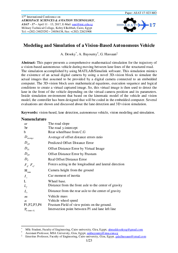 (PDF) Modeling and Simulation of a Vision-Based Autonomous Vehicle