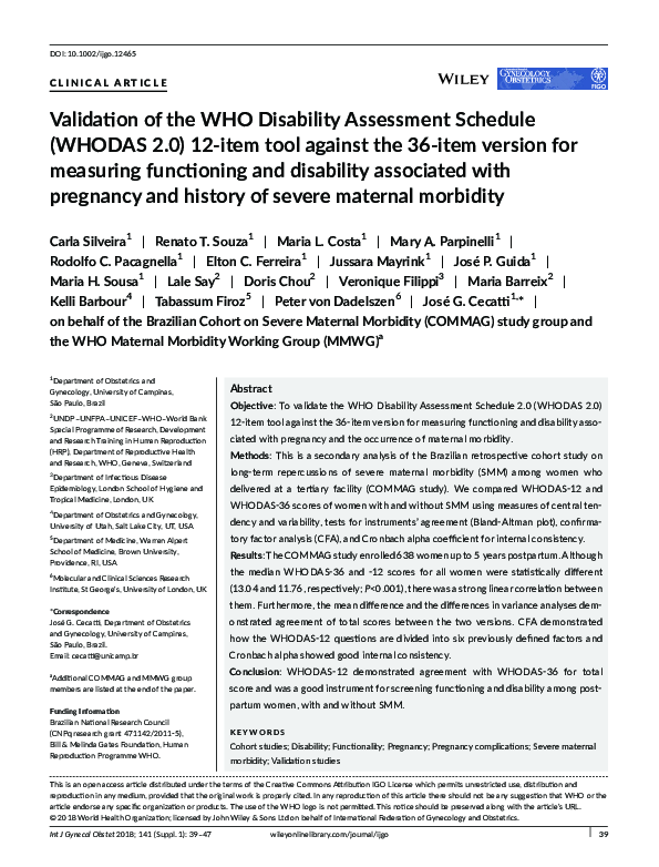 (PDF) Validation of the WHO Disability Assessment Schedule (WHODAS 2.0 ...