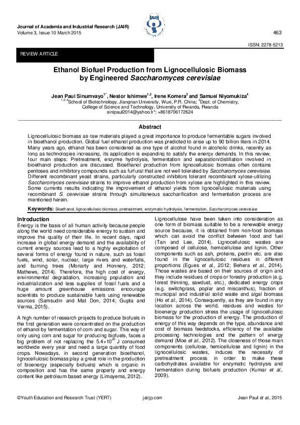 (PDF) Ethanol Biofuel Production from Lignocellulosic Biomass by ...