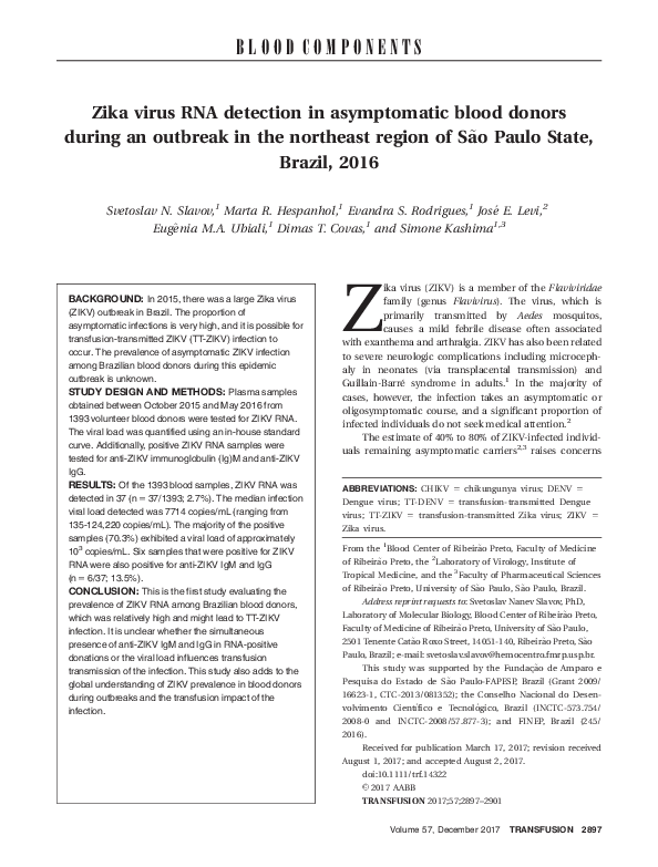 (PDF) Zika virus RNA detection in asymptomatic blood donors during an ...