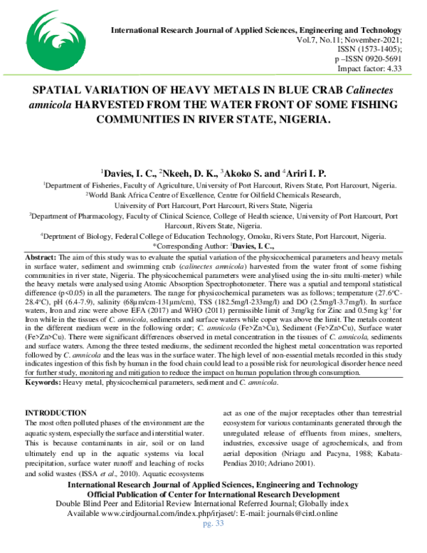 (PDF) SPATIAL VARIATION OF HEAVY METALS IN BLUE CRAB Calinectes ...