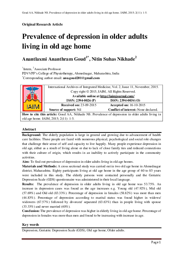 (PDF) Prevalence of depression in older adults living in old age home
