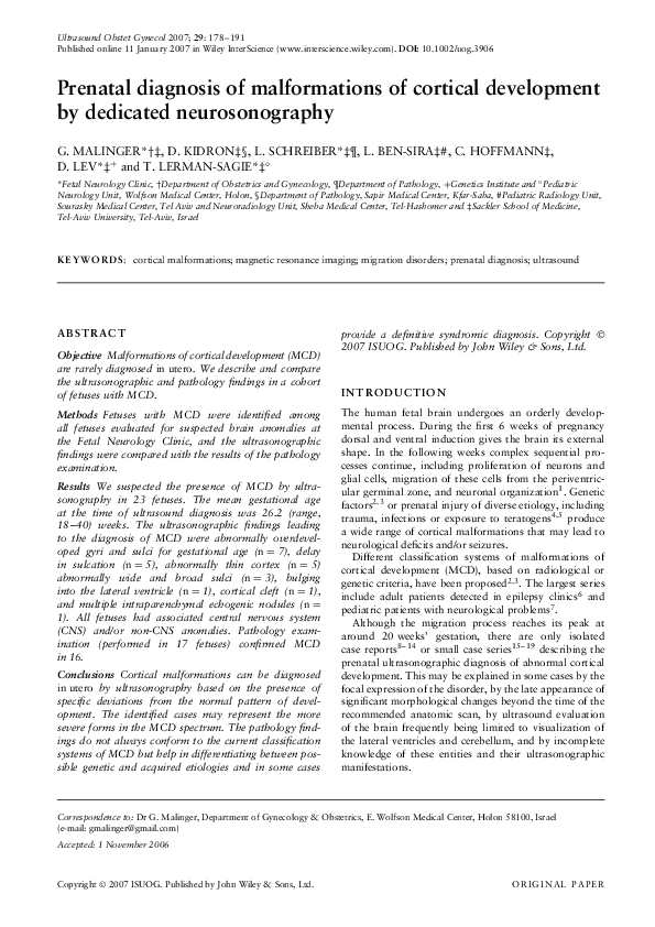 (PDF) Prenatal diagnosis of malformations of cortical development by ...