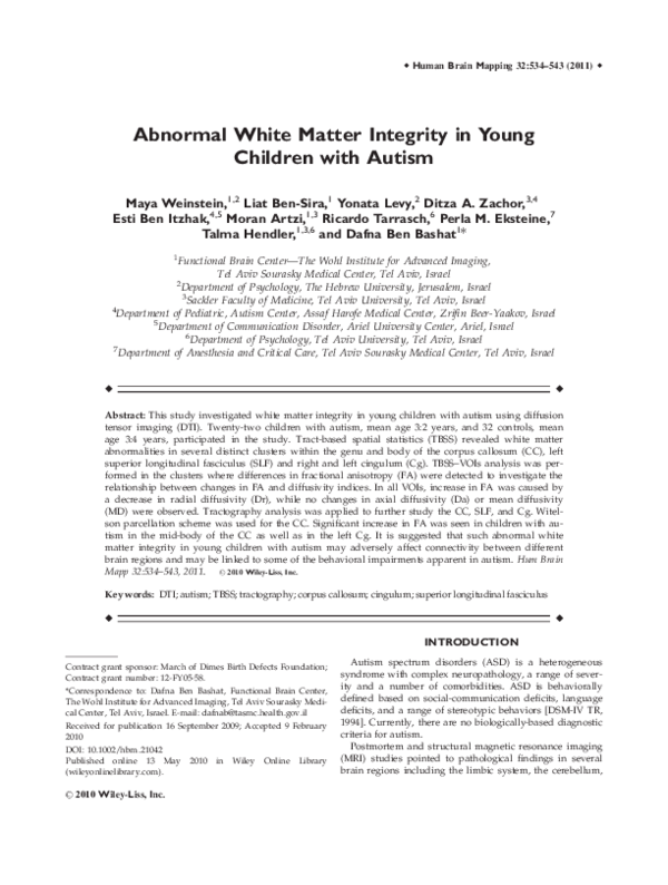 (PDF) Abnormal white matter integrity in young children with autism
