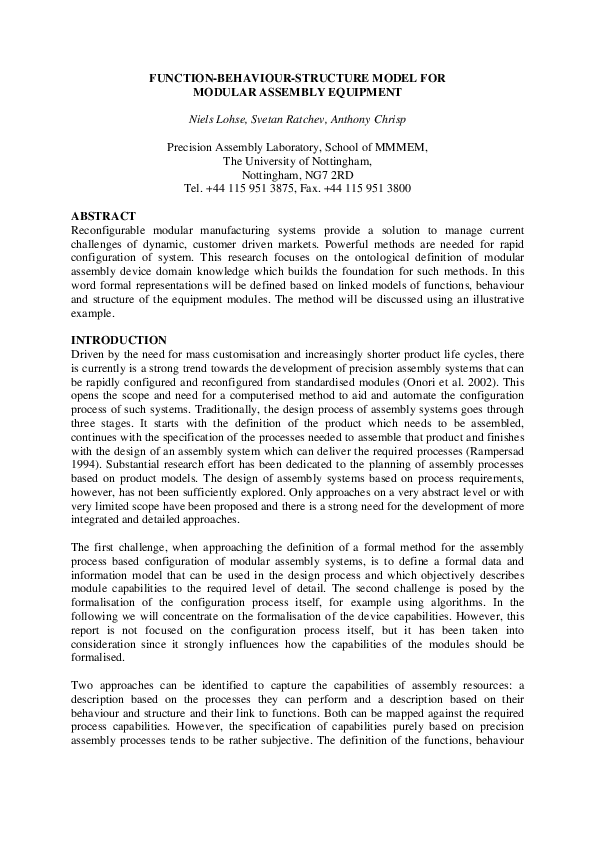 (PDF) Function-Behaviour-Structure model for modular assembly equipment