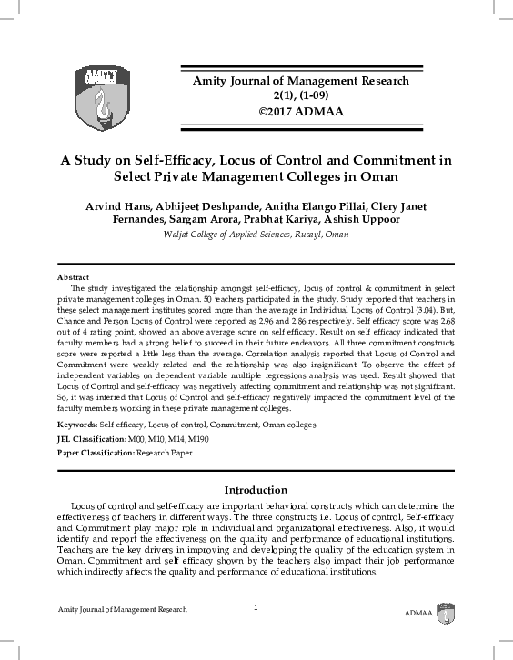(PDF) A Study on Self-Efficacy, Locus of Control and Commitment in ...