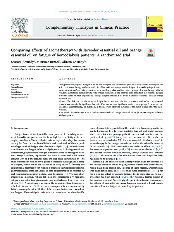 (PDF) Comparing effects of aromatherapy with lavender essential oil and ...