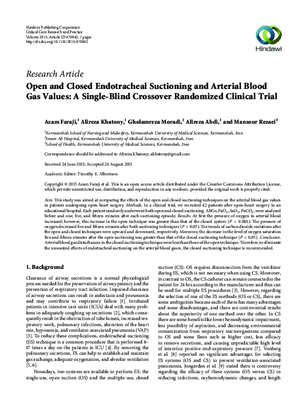 (PDF) Open and Closed Endotracheal Suctioning and Arterial Blood Gas ...