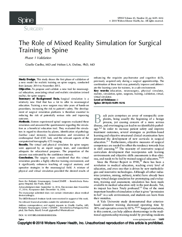 (PDF) The Role of Mixed Reality Simulation for Surgical Training in Spine