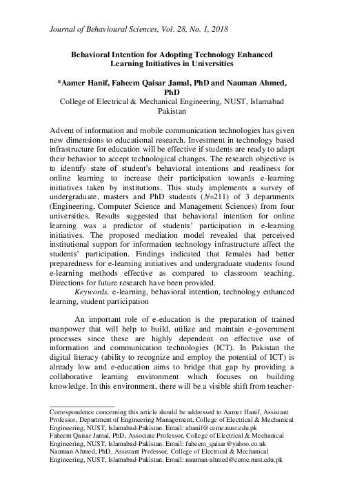 (PDF) Behavioral Intention for Adopting Technology Enhanced Learning ...