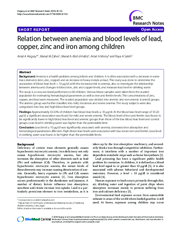 (PDF) Relation between anemia and blood levels of lead, copper, zinc ...