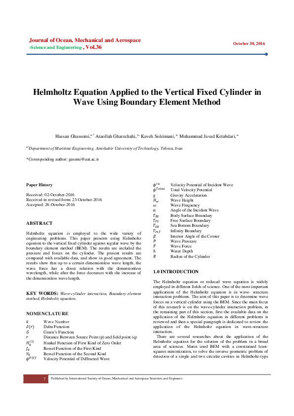 (PDF) Helmholtz Equation Applied to the Vertical Fixed Cylinder in Wave ...