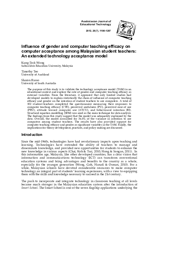 (PDF) Influence of gender and computer teaching efficacy on computer ...