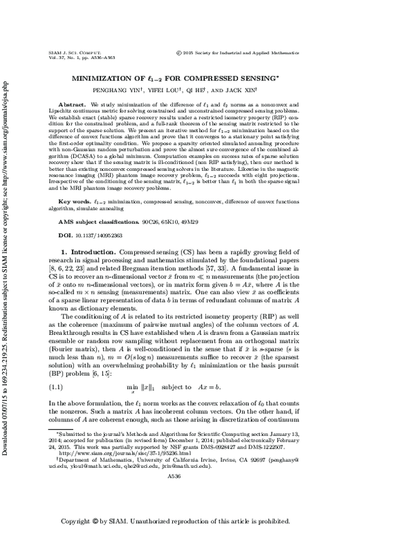 (PDF) Minimization of $\ell_{1-2}$ for Compressed Sensing