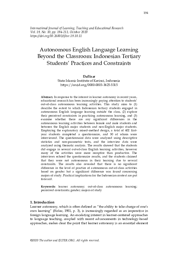 (PDF) Autonomous English Language Learning Beyond the Classroom ...