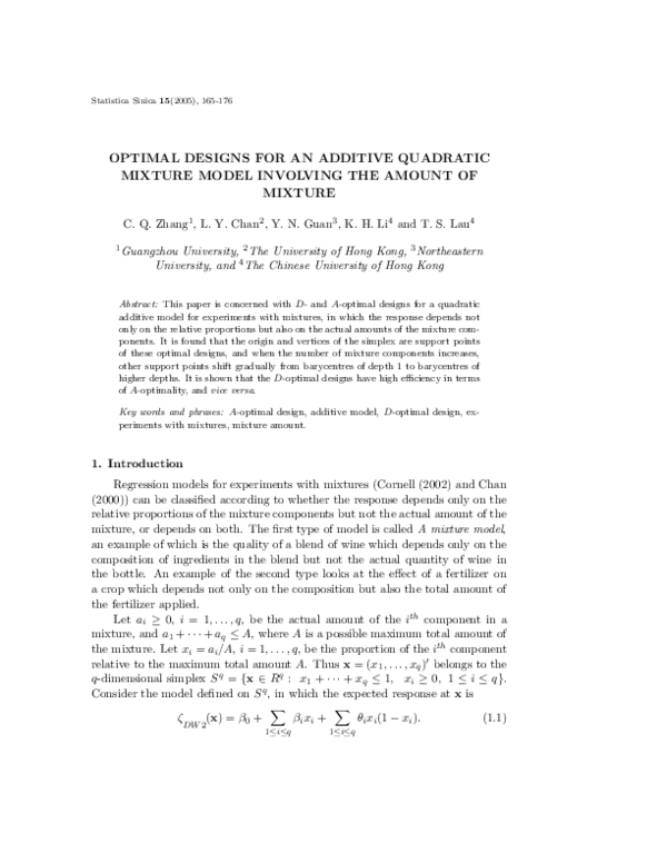 (PDF) Optimal designs for an additive quadratic mixture model involving ...