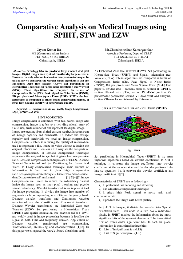 (PDF) Comparative Analysis on Medical Images using SPIHT, STW and EZW