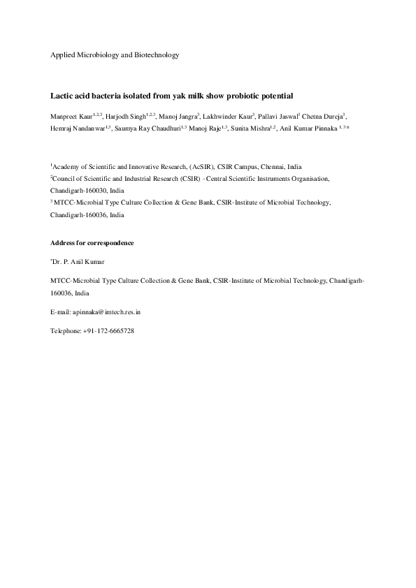 (PDF) Lactic acid bacteria isolated from yak milk show probiotic potential