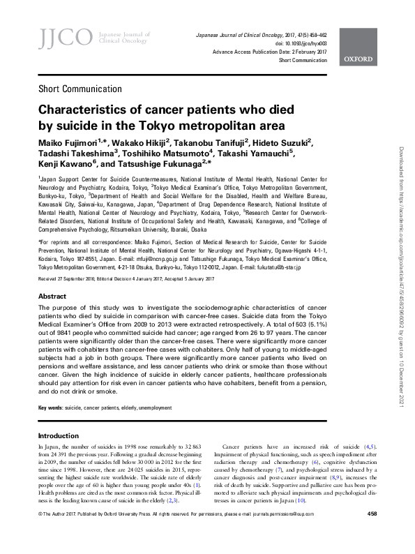 (PDF) Characteristics of cancer patients who died by suicide in the ...