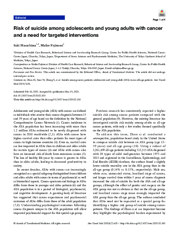 (PDF) Risk of suicide among adolescents and young adults with cancer ...