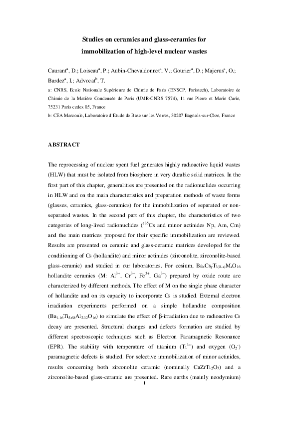 (PDF) Studies on Ceramics and Glass-Ceramics for Immobilization of High ...
