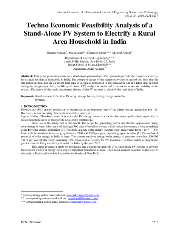 (PDF) Techno Economic Feasibility Analysis of a Stand-Alone PV System ...