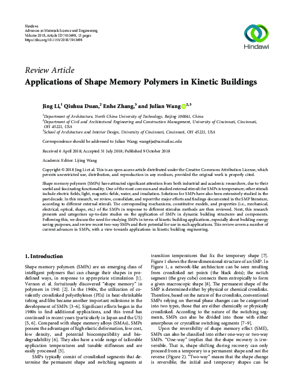 (PDF) Applications of Shape Memory Polymers in Kinetic Buildings