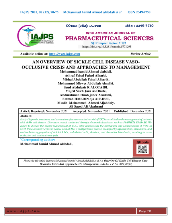 (PDF) .AN OVERVIEW OF SICKLE CELL DISEASE VASO-OCCLUSIVE CRISIS AND ...