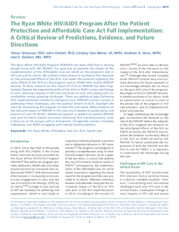 (PDF) The Ryan White HIV/AIDS Program after the Patient Protection and Affordable Care Act full
