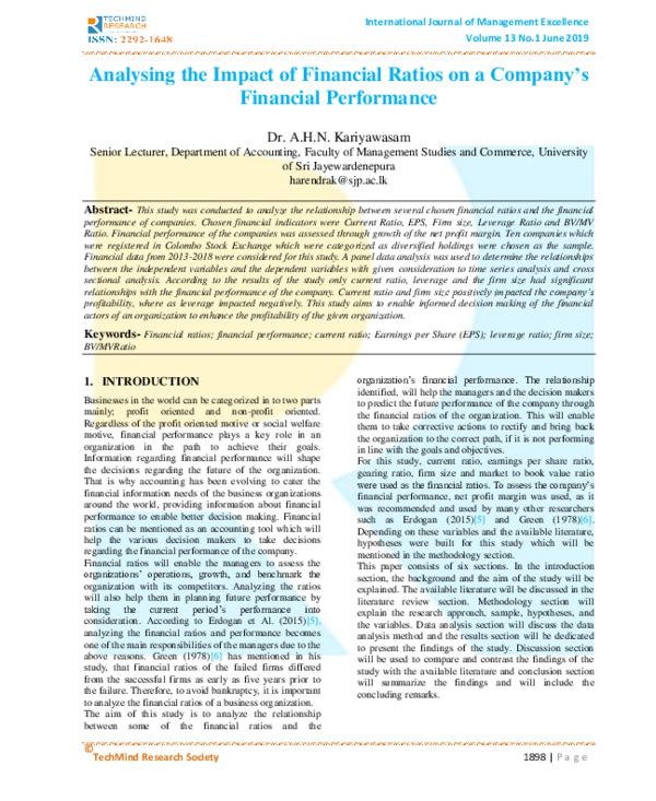 (PDF) Analysing the Impact of Financial Ratios on a Company’s Financial ...