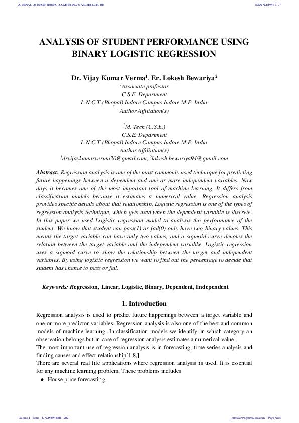 (PDF) ANALYSIS OF STUDENT PERFORMANCE USING BINARY LOGISTIC REGRESSION