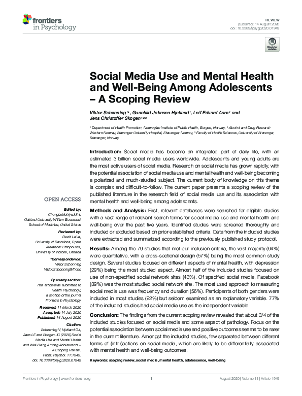 (PDF) Social Media Use and Mental Health and Well-Being Among ...