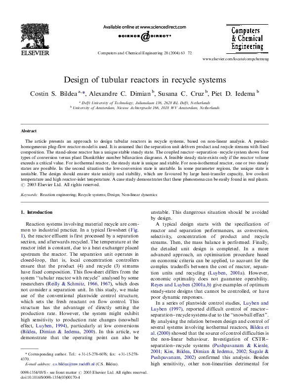 (PDF) Design of tubular reactors in recycle systems