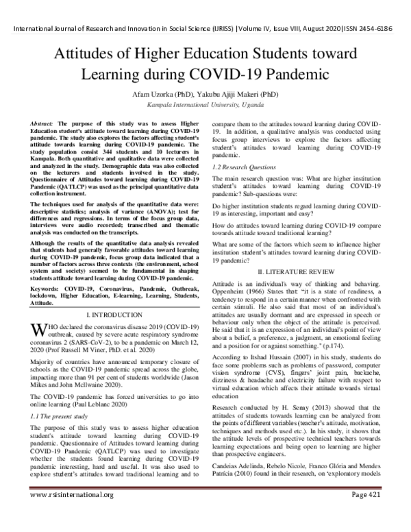 (PDF) Attitudes of Higher Education Students toward Learning during ...