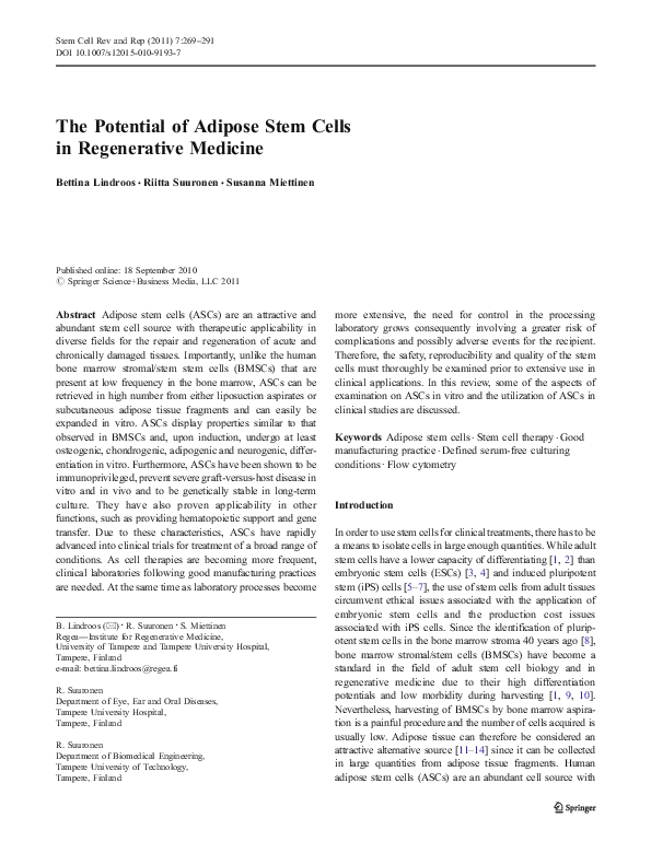 (PDF) The Potential of Adipose Stem Cells in Regenerative Medicine