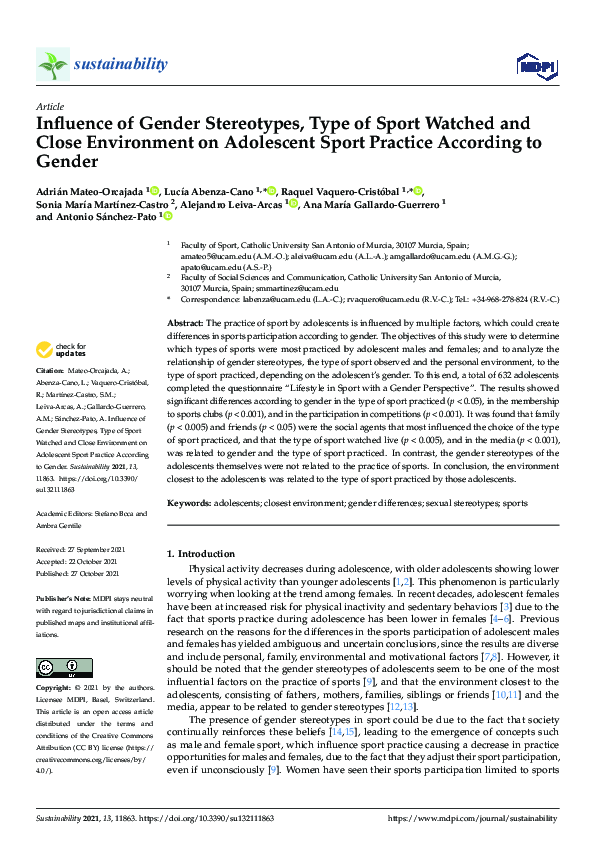 (PDF) Influence of Gender Stereotypes, Type of Sport Watched and Close ...