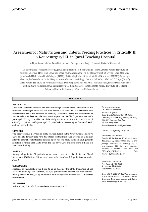 (PDF) Assessment of Malnutrition and Enteral Feeding Practices in ...