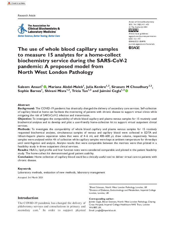 (PDF) The use of whole blood capillary samples to measure 15 analytes ...
