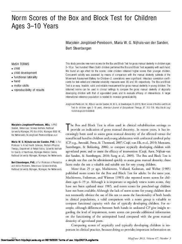 (PDF) Norm Scores of the Box and Block Test for Children Ages 3-10 Years