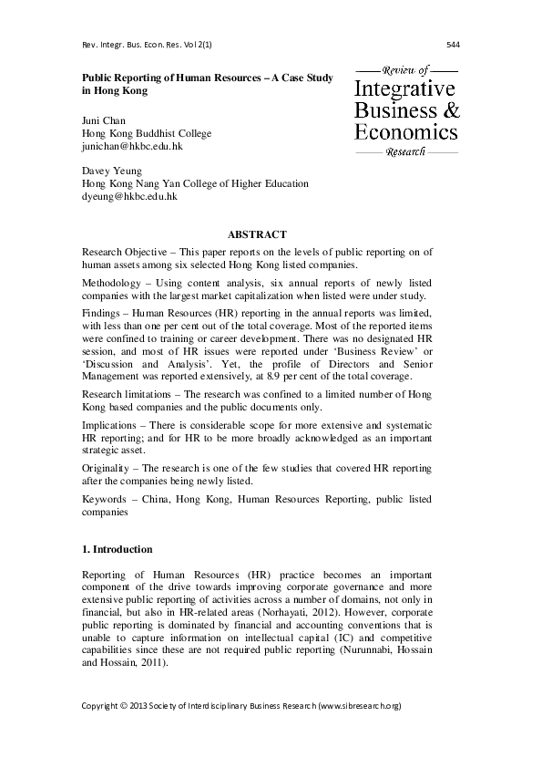 (PDF) Public Reporting of Human Resources - A Case Study in Hong Kong