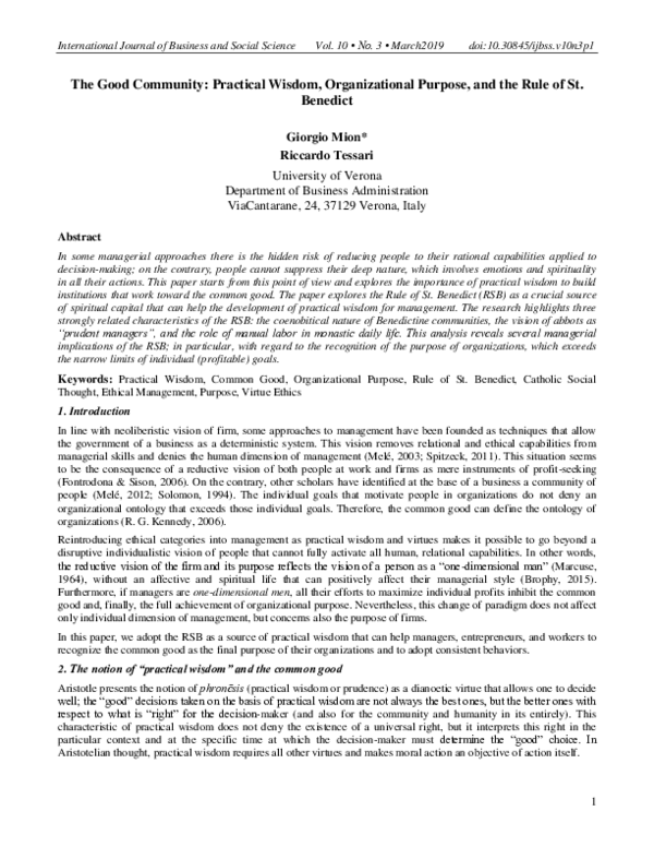 The Good Community: Practical Wisdom, Organizational Purpose, and the Rule of St. Benedict