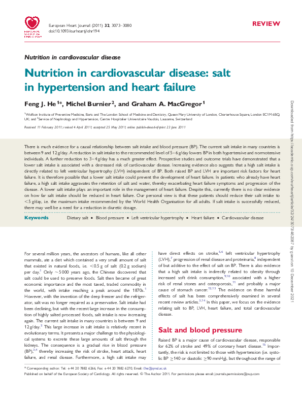 (PDF) Nutrition in cardiovascular disease: salt in hypertension and ...