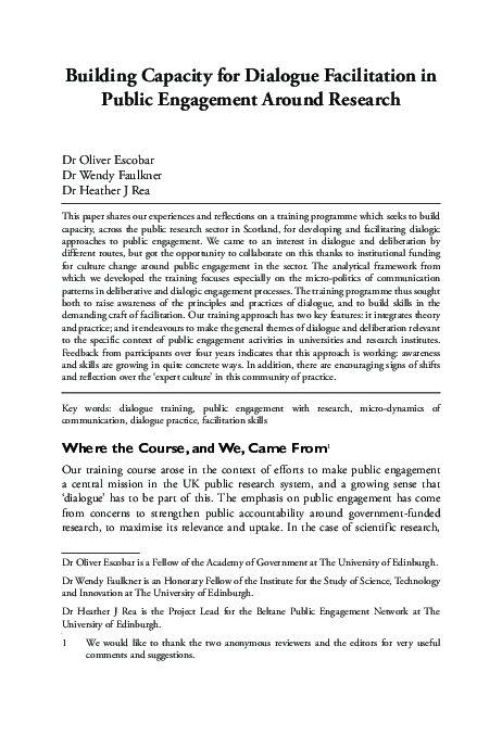 (PDF) Building capacity for dialogue facilitation in public engagement ...