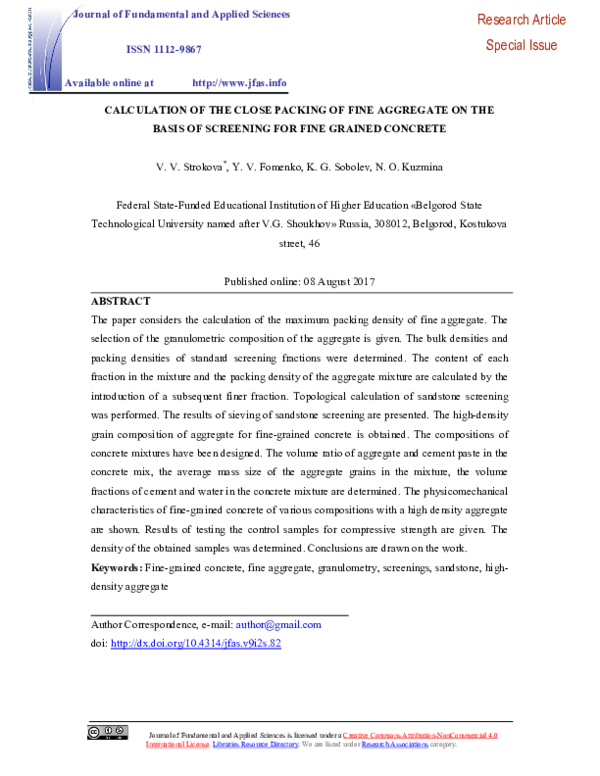 (PDF) Calculation of the close packing of fine aggregate on the basis