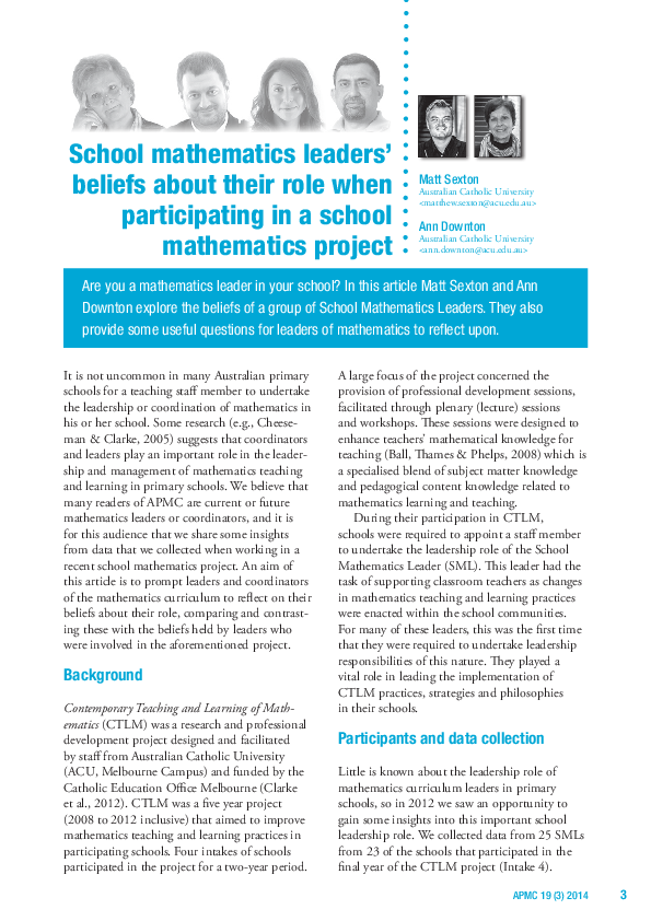 (PDF) School Mathematics Leaders' Beliefs about Their Role When ...
