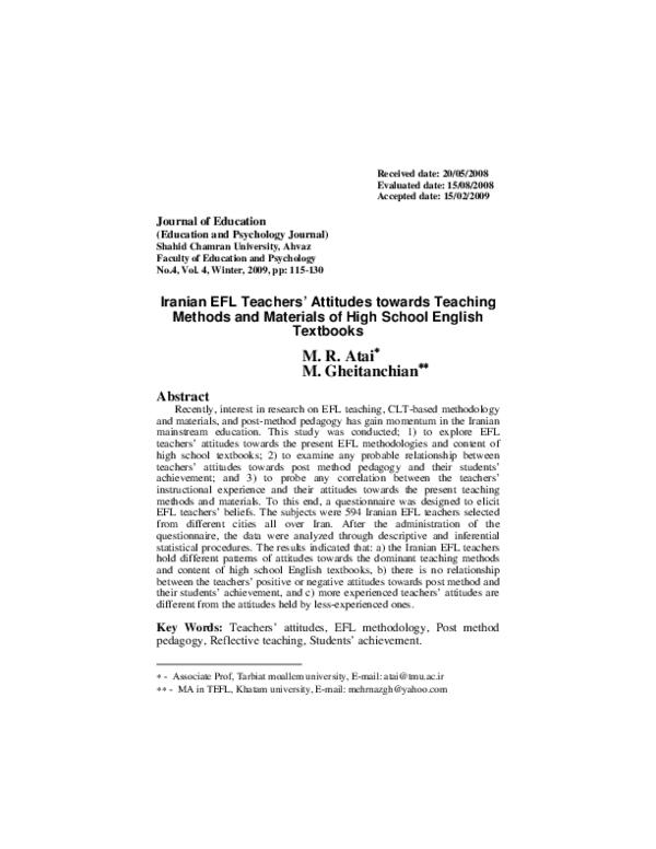 (PDF) Iranian Efl Teachers’ Attitudes Towards Teaching Methods and ...