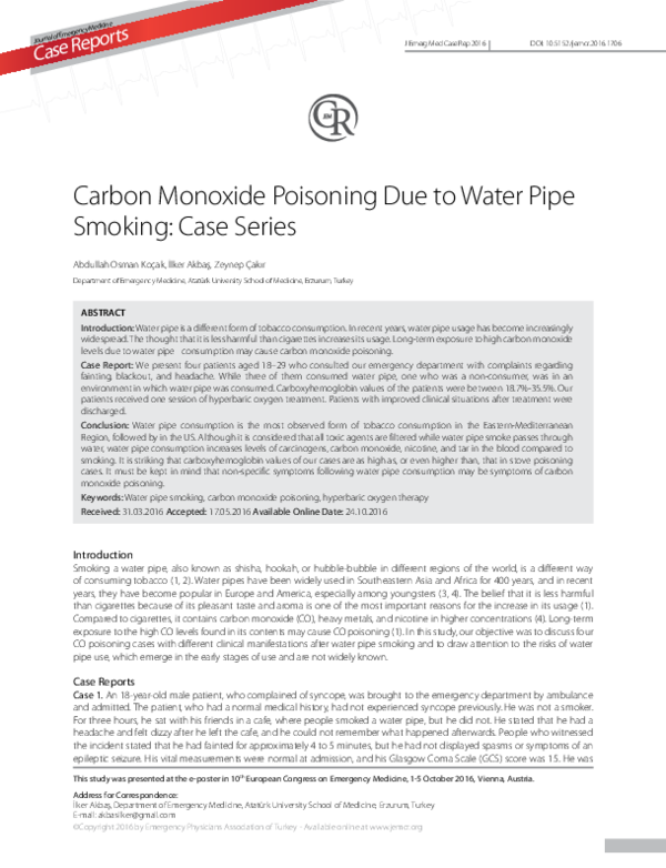 (PDF) Carbon Monoxide Poisoning Due to Water Pipe Smoking: Case Series