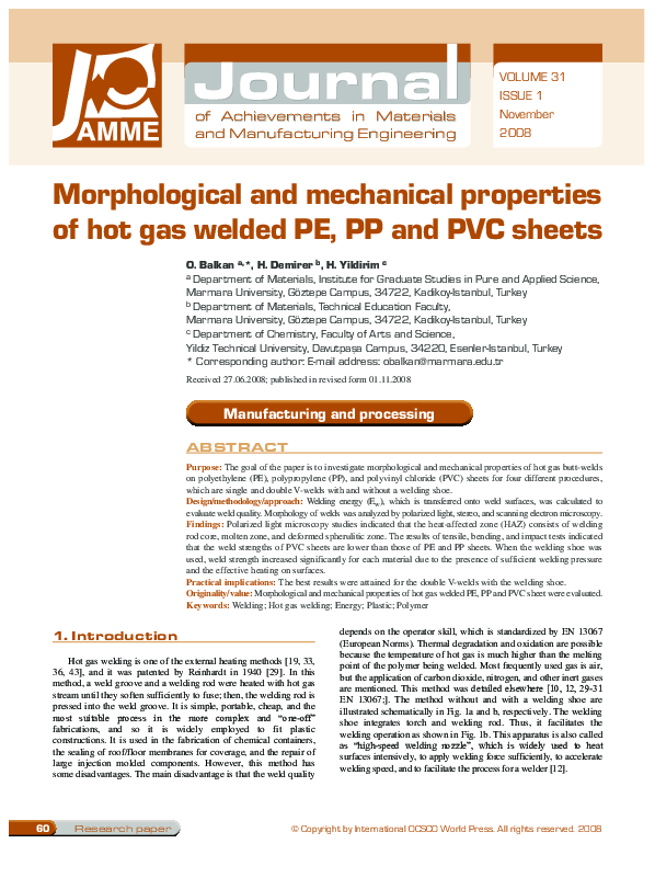 (PDF) Morphological and mechanical properties of hot gas welded PE, PP ...