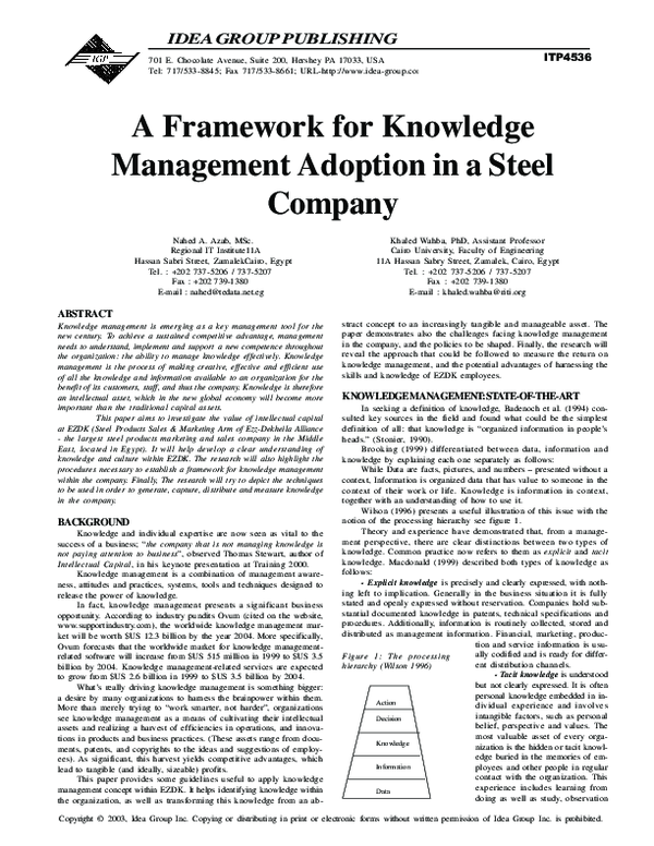 (PDF) A Framework for Knowledge Management Adoption in a Steel Company