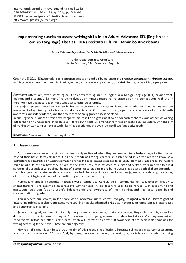 (PDF) Implementing rubrics to assess writing skills in an Adults ...